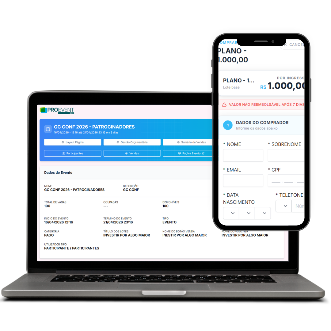 Notebook exibindo a plataforma PROEVENT PAY